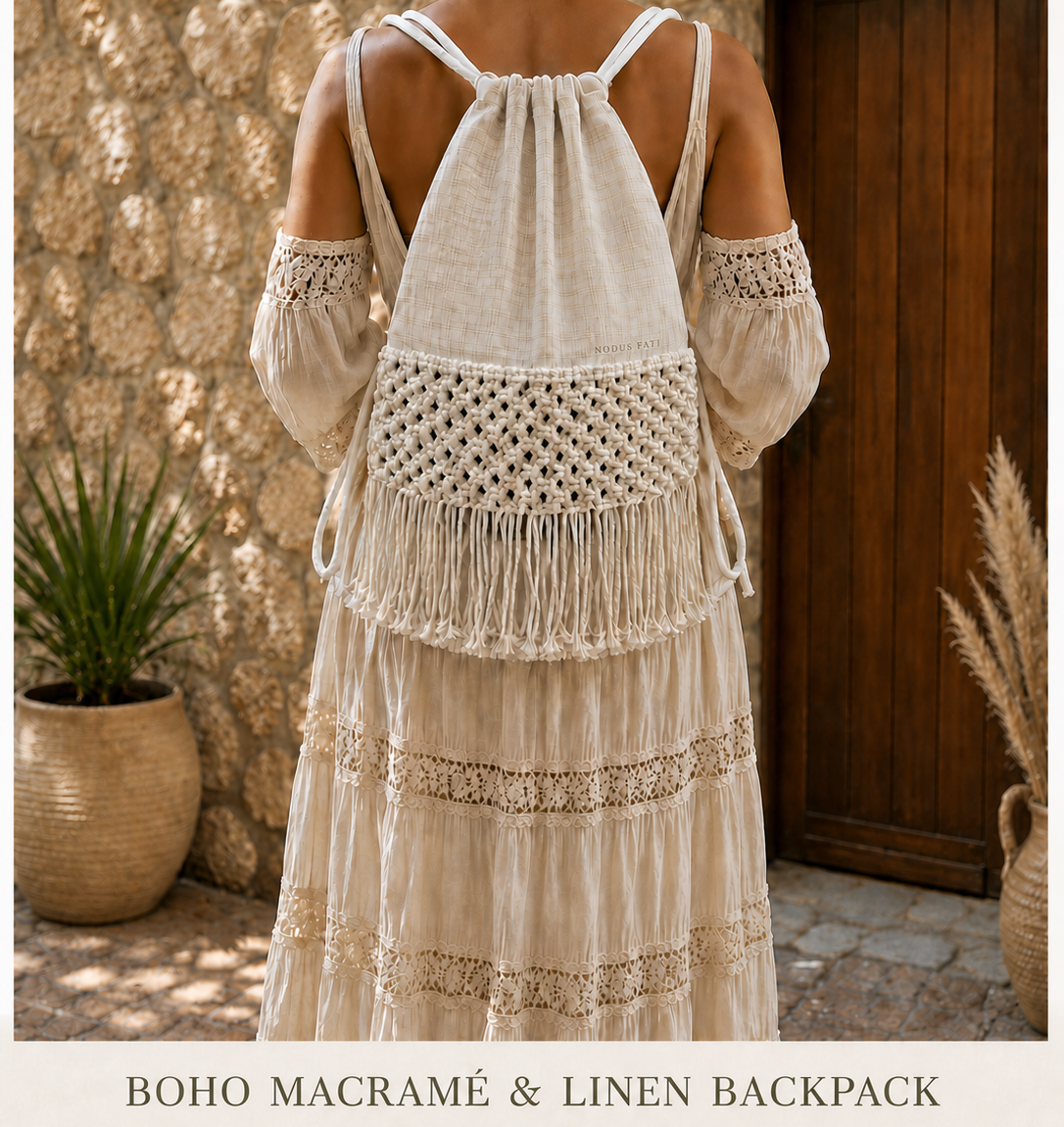 Boho macramé Linen Backpack - Image 2