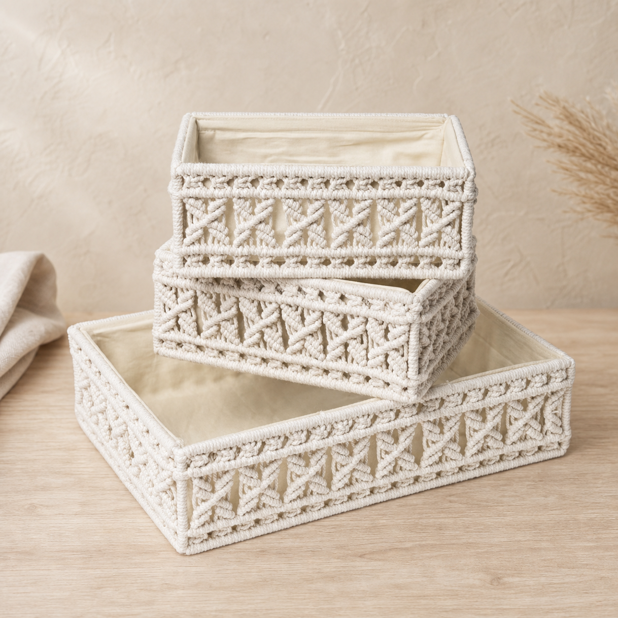 Ivory Macramé Storage Basket Set